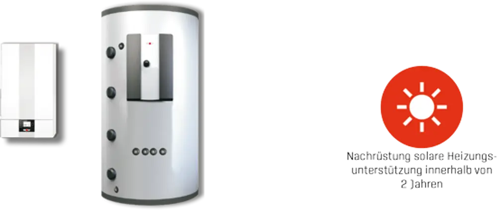 Wolf Hybrid-System mit einem vertikalen Speicher und Bedienfeld, ausgestattet mit verschiedenen Steuerungselementen, zur Nutzung erneuerbarer Energien.